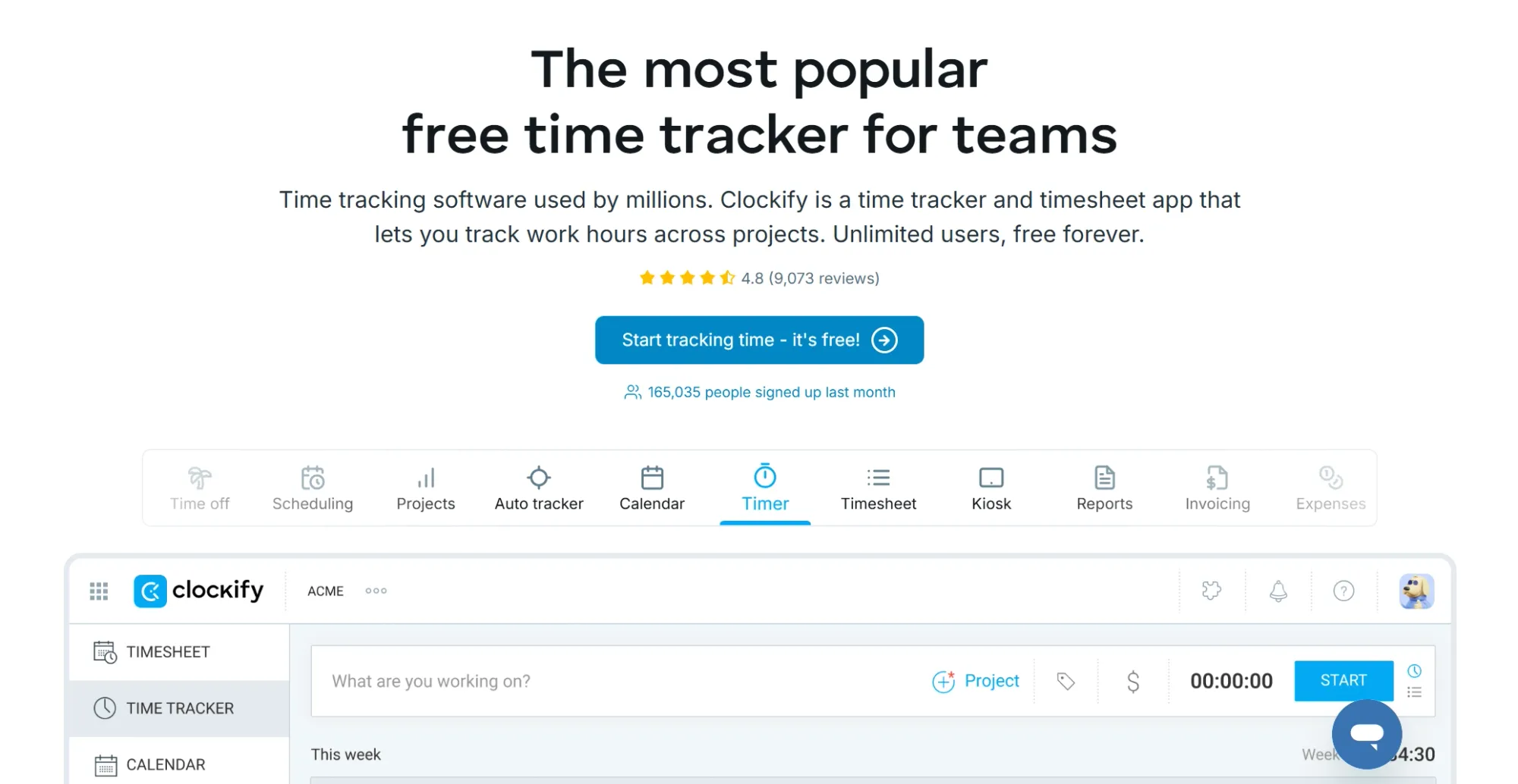 Clockify homepage.