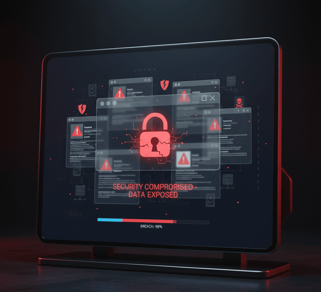 Futuristic screen showing data breach and security incidents
