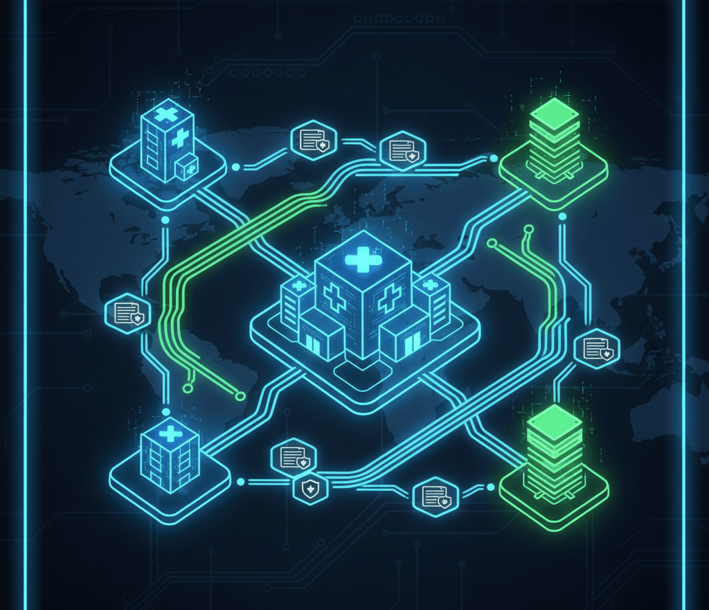 A network of hospitals and healthcare providers with EHR, maintaining safe data flow