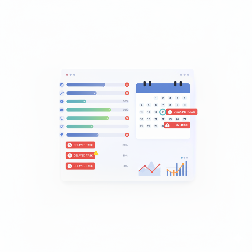 Project management calendar with too many delayed and overdue tasks.