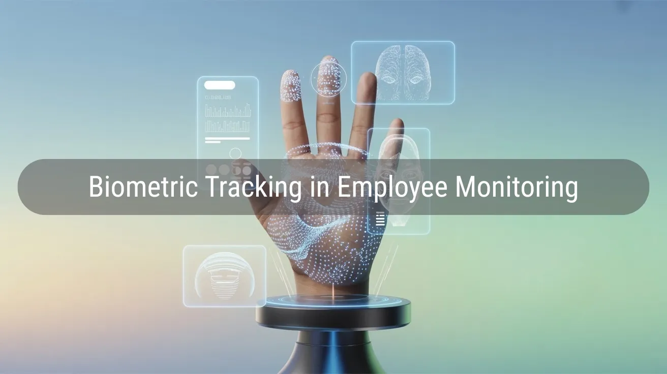 Futuristic hand scan with biometric data visuals and text on employee monitoring