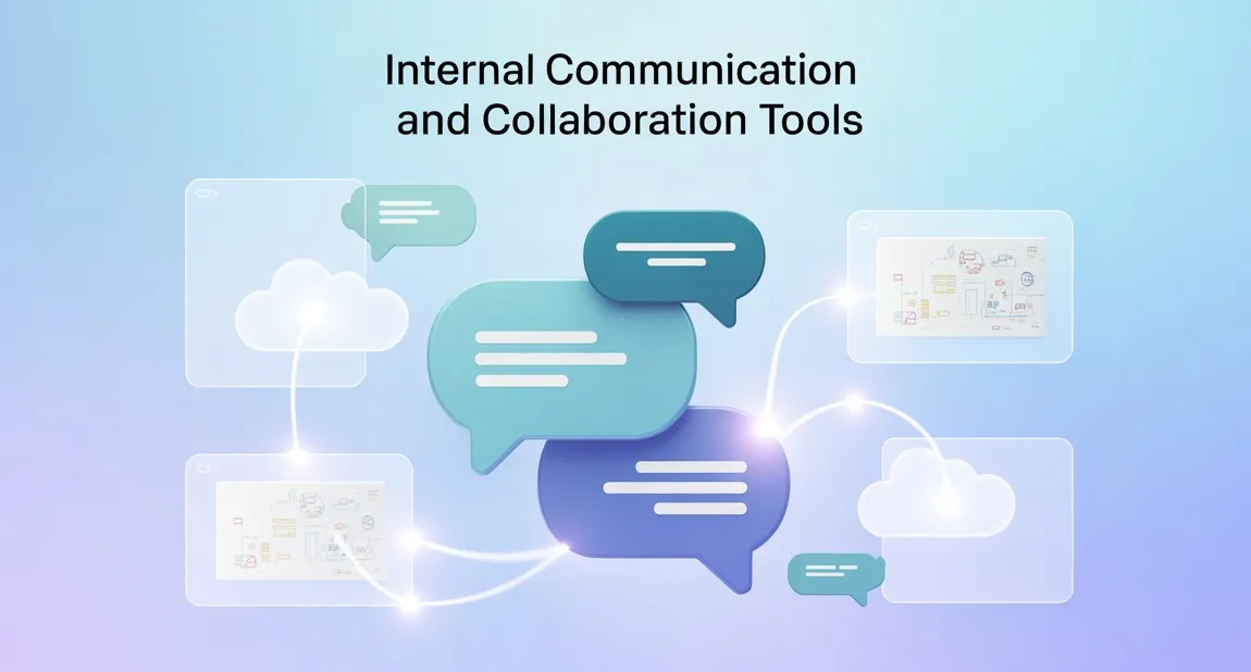 Digital collaboration with chat bubbles, shared documents, and connected cloud icons.