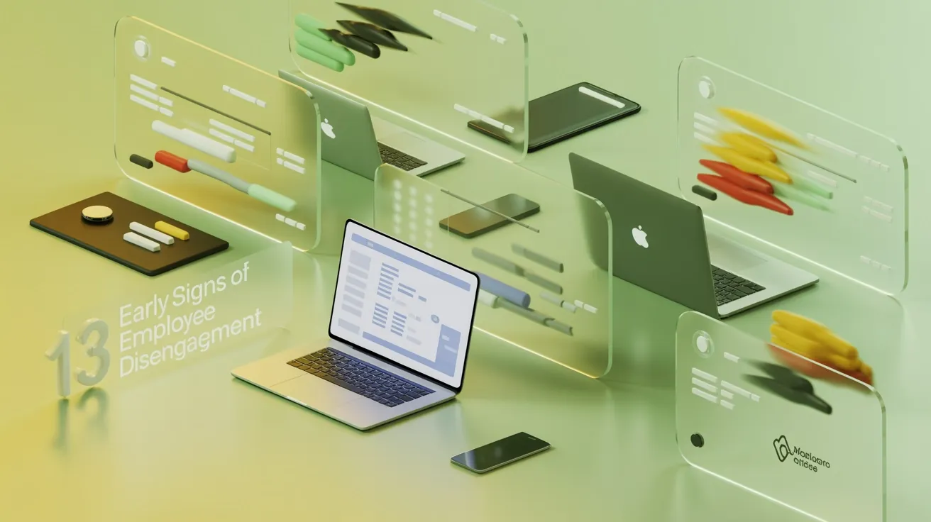Abstract design showing an open laptop with no employee and a jumbled workflow