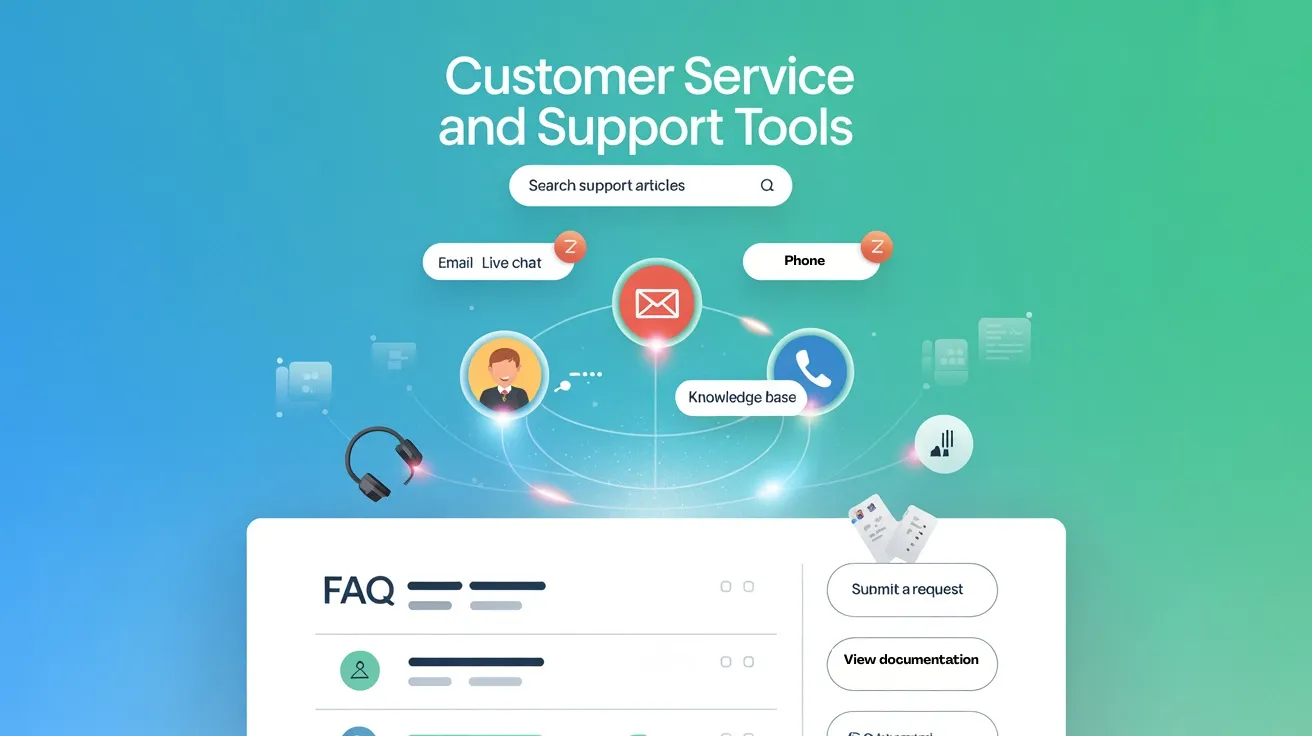 Digital customer support with chat bubbles, help desk icons, and service dashboards.