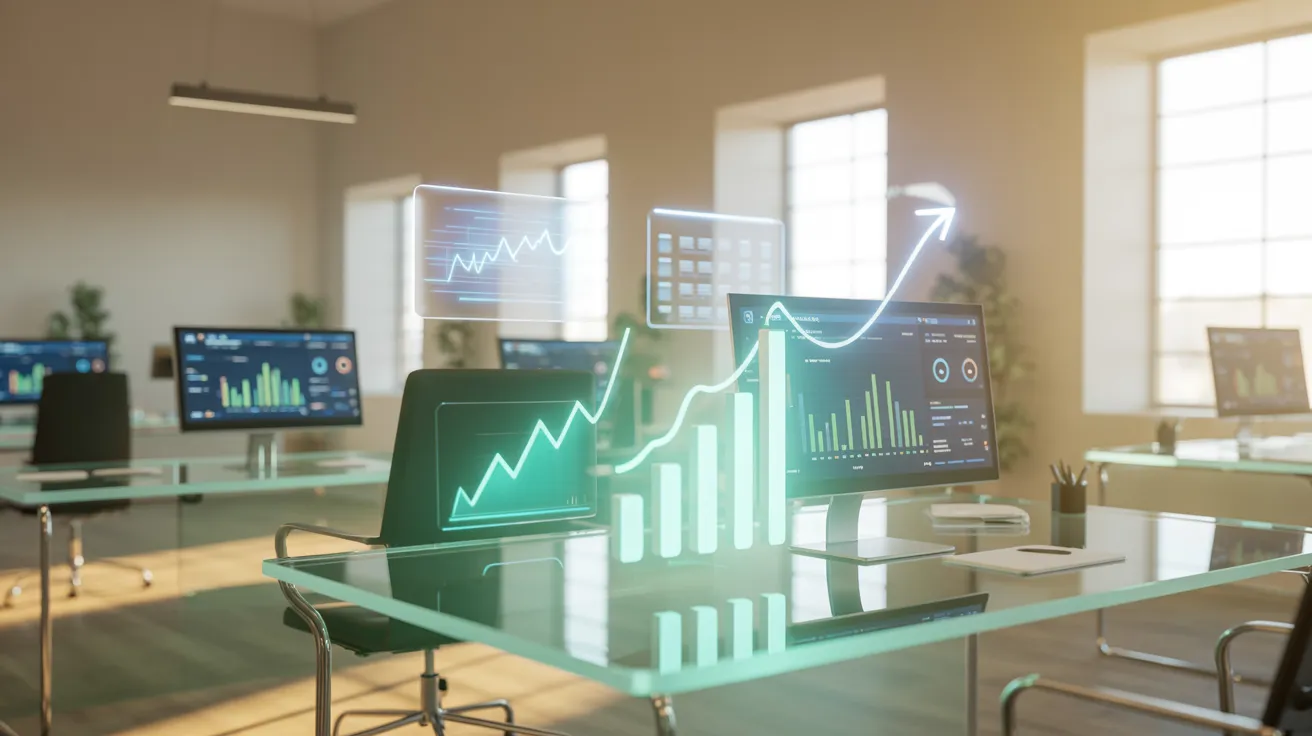 A modern office space with several desks featuring computers displaying graphs and data analytics.
