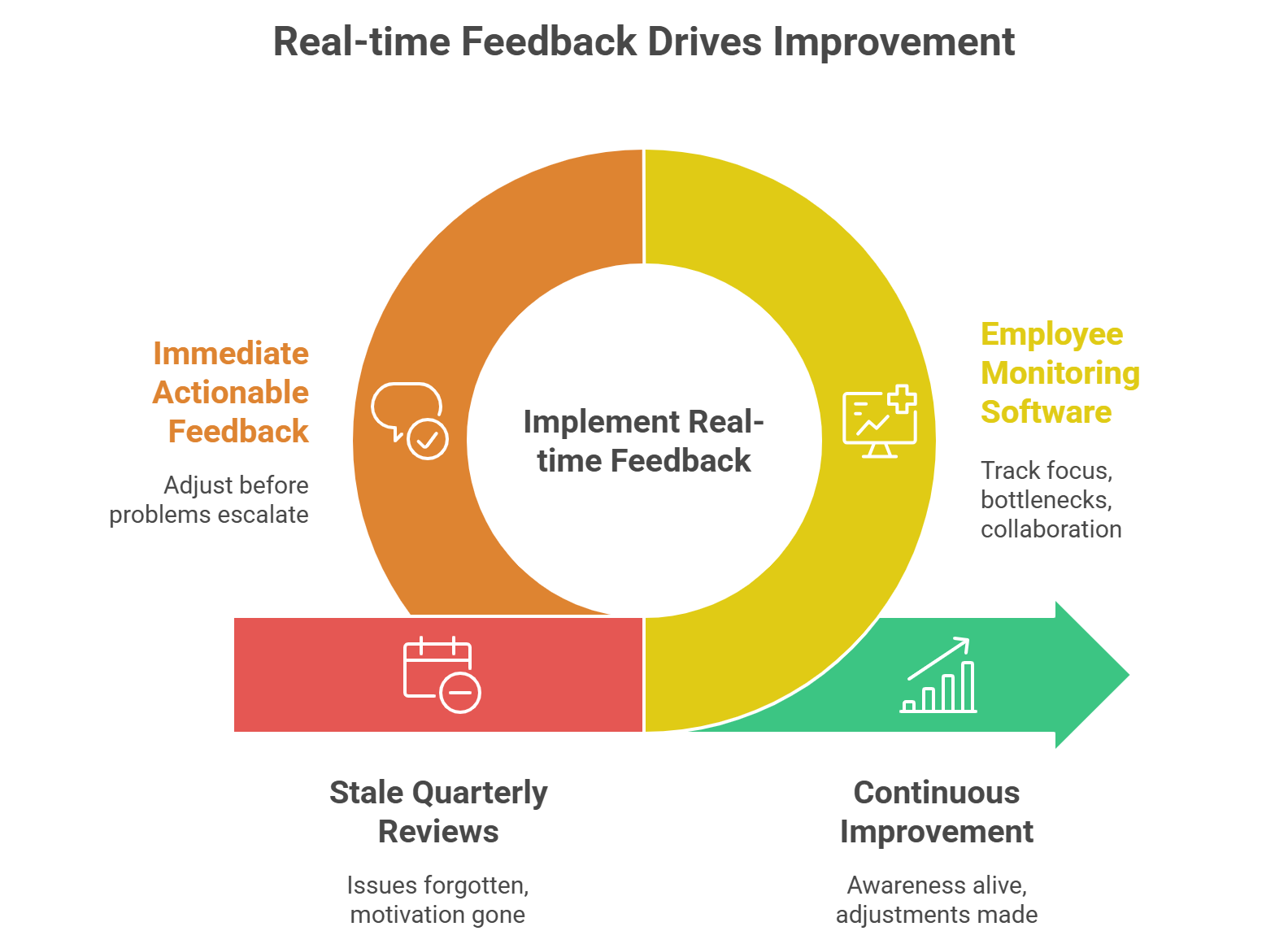 Circular chart linking real-time feedback to software, improvement, and review issues.