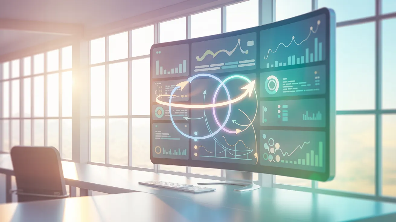 Glowing digital dashboards and data loops symbolizing transparent employee feedback systems.