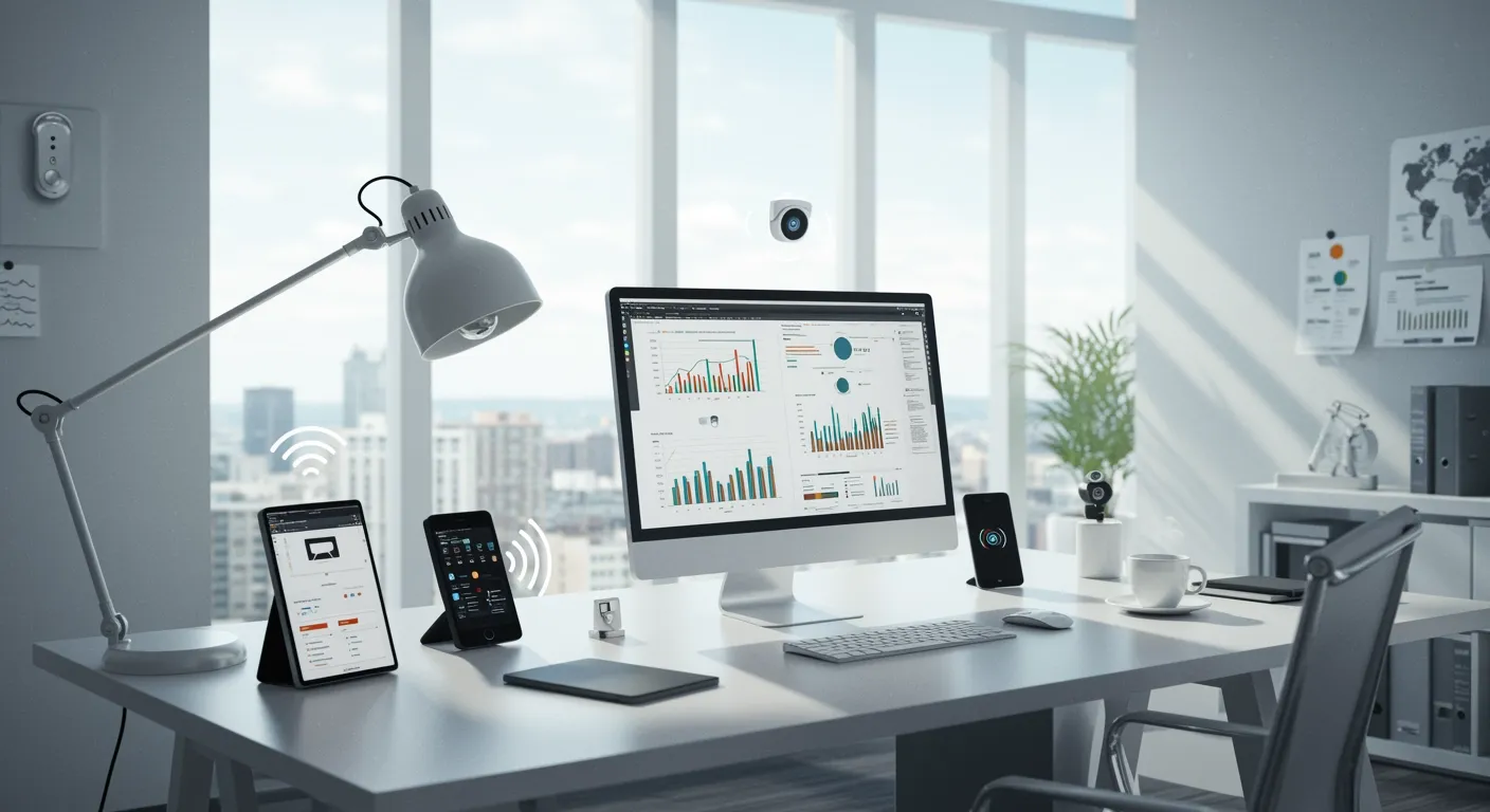 Modern office with subtle signs of surveillance, highlighting the feeling of being monitored.