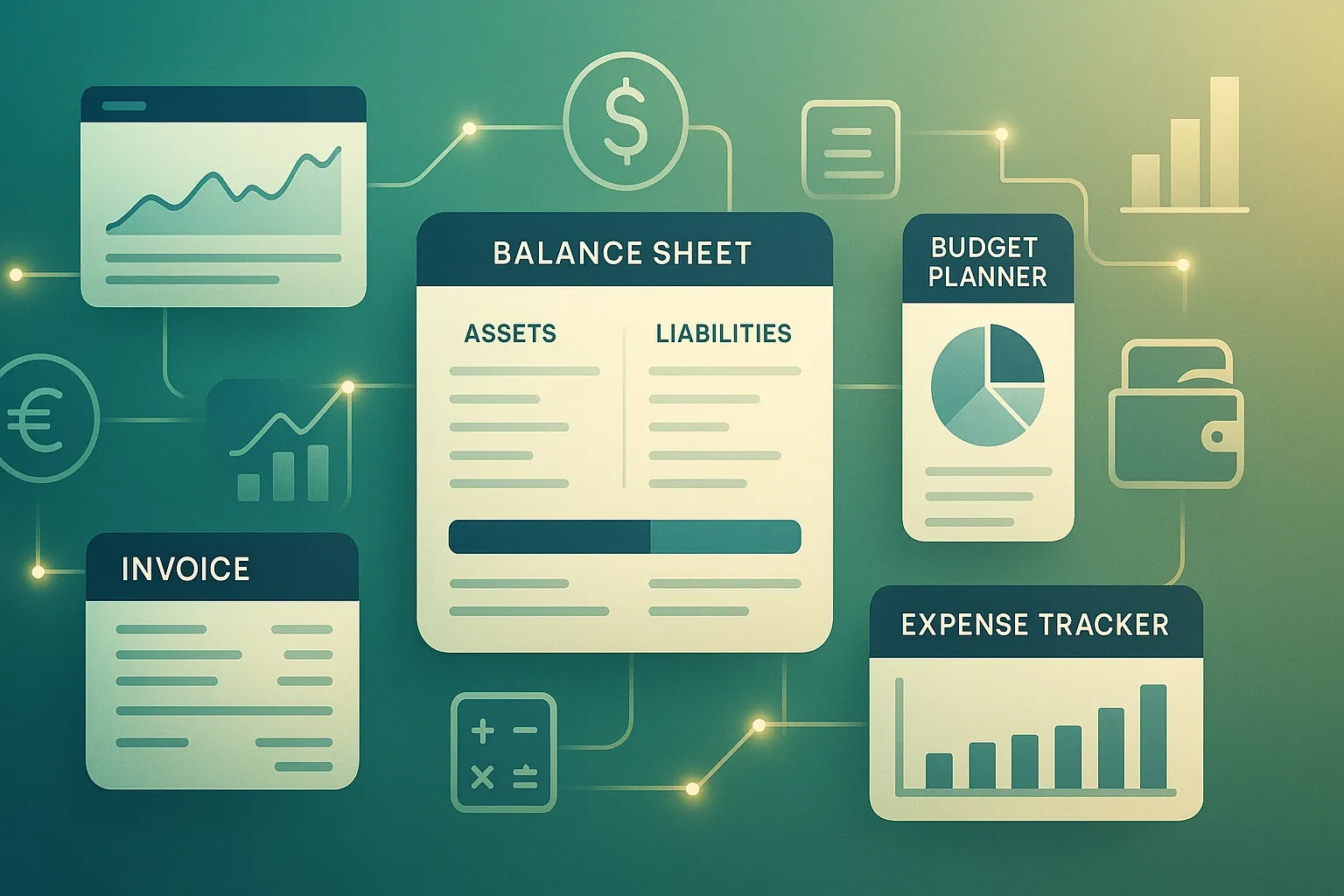Digital finance dashboard with charts, invoices, and accounting icons for money management.