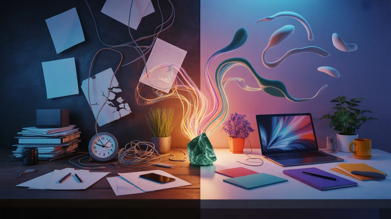 Split desk scene: left side messy and dark, right side clean and bright with digital elements