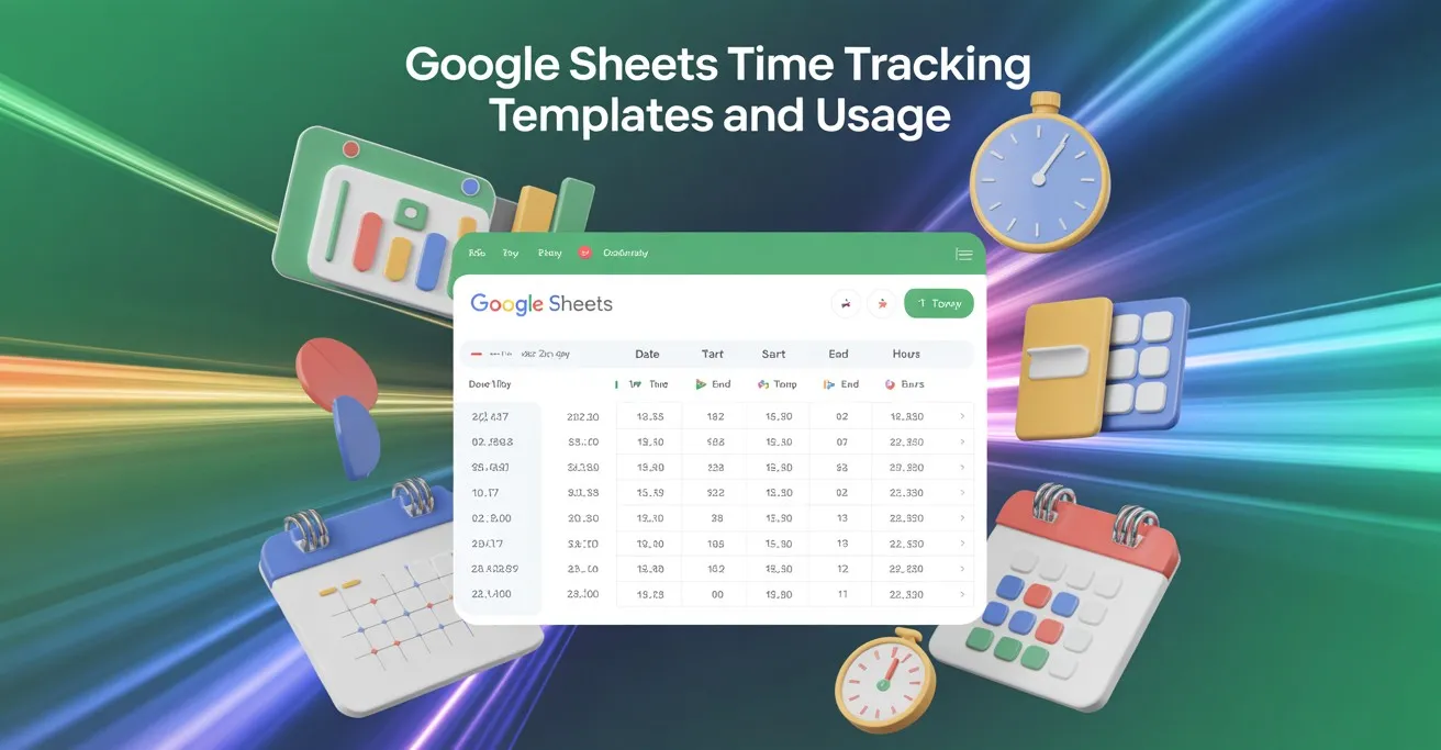 Google Sheets time tracking template with clocks and calendar icons.