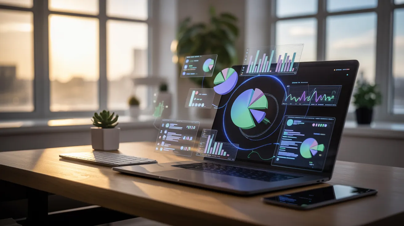 Laptop and abstract symbols of digital transformation in remote work.