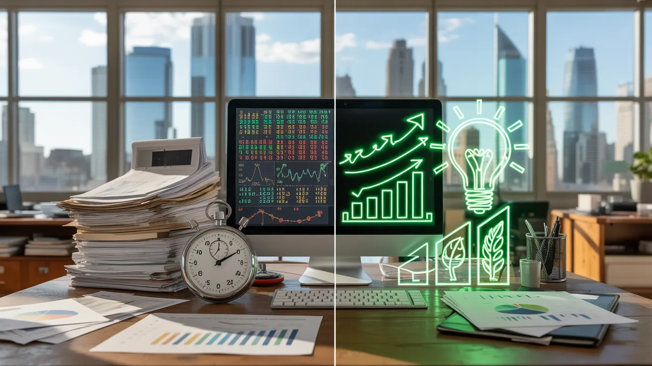  Modern desk split between cluttered productivity charts and bright, impact-driven results dashboard.