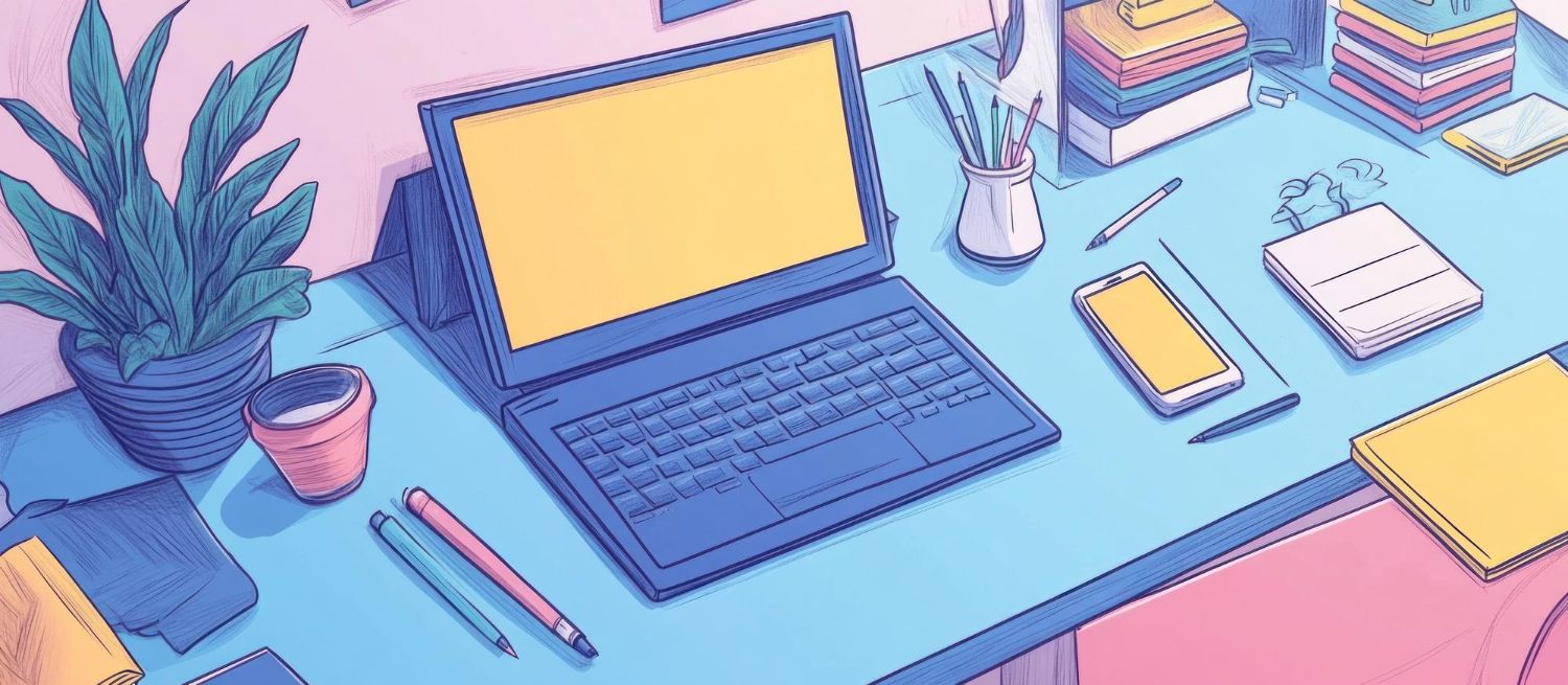 an office table with notes, a pen, pencils, trees, and a smartphone