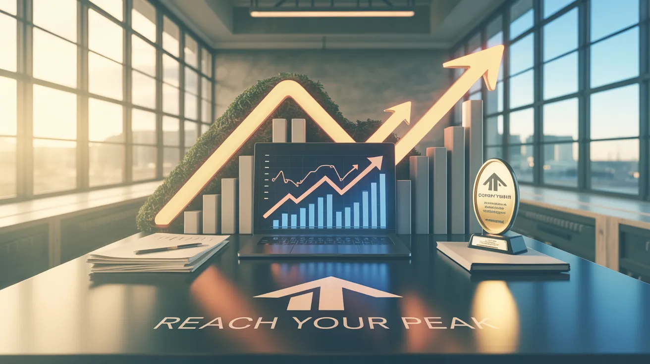 Laptop showing a rising graph on "Project Zenith" with sticky notes and coffee nearby