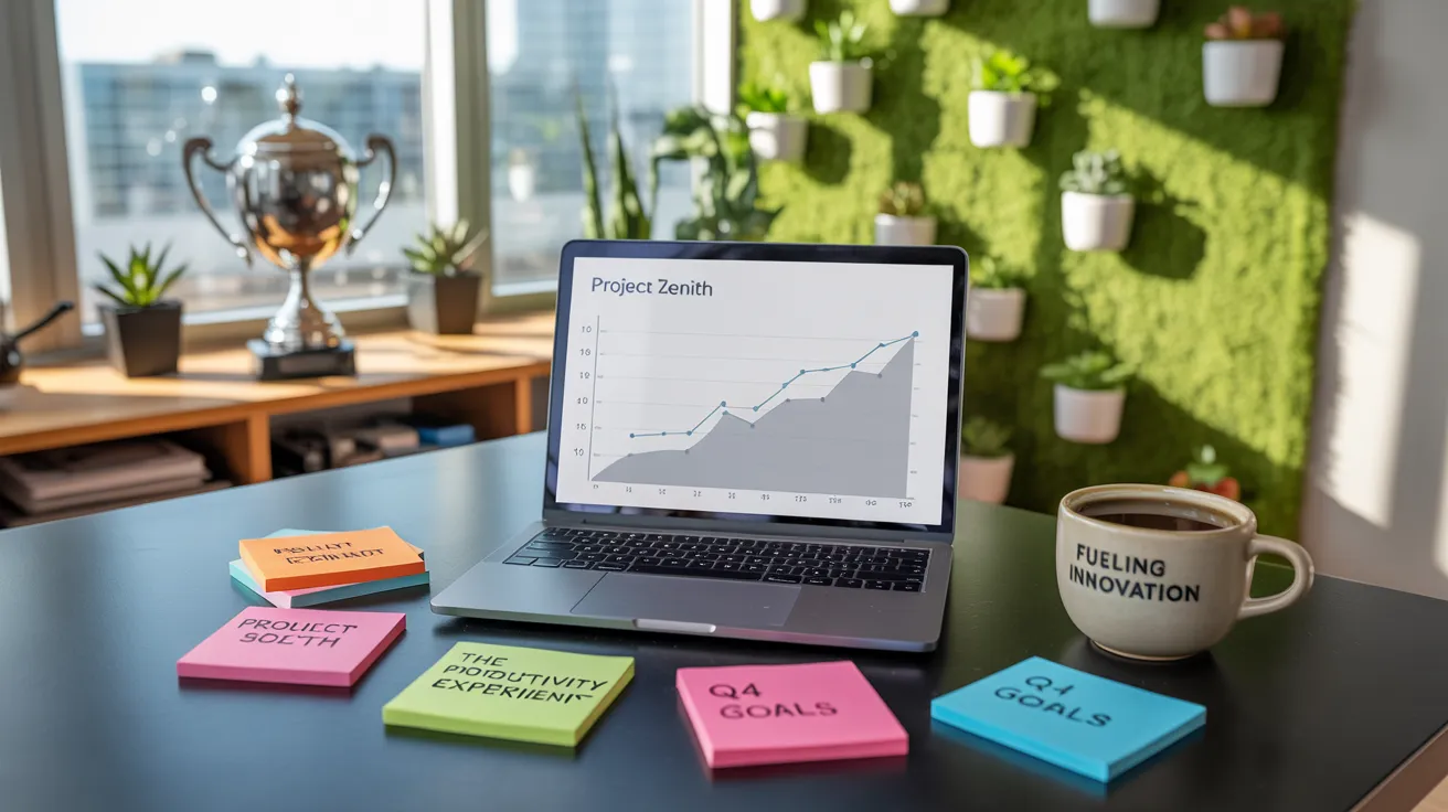 Laptop with rising charts on desk, reading "Reach Your Peak" with trophy and bar graph