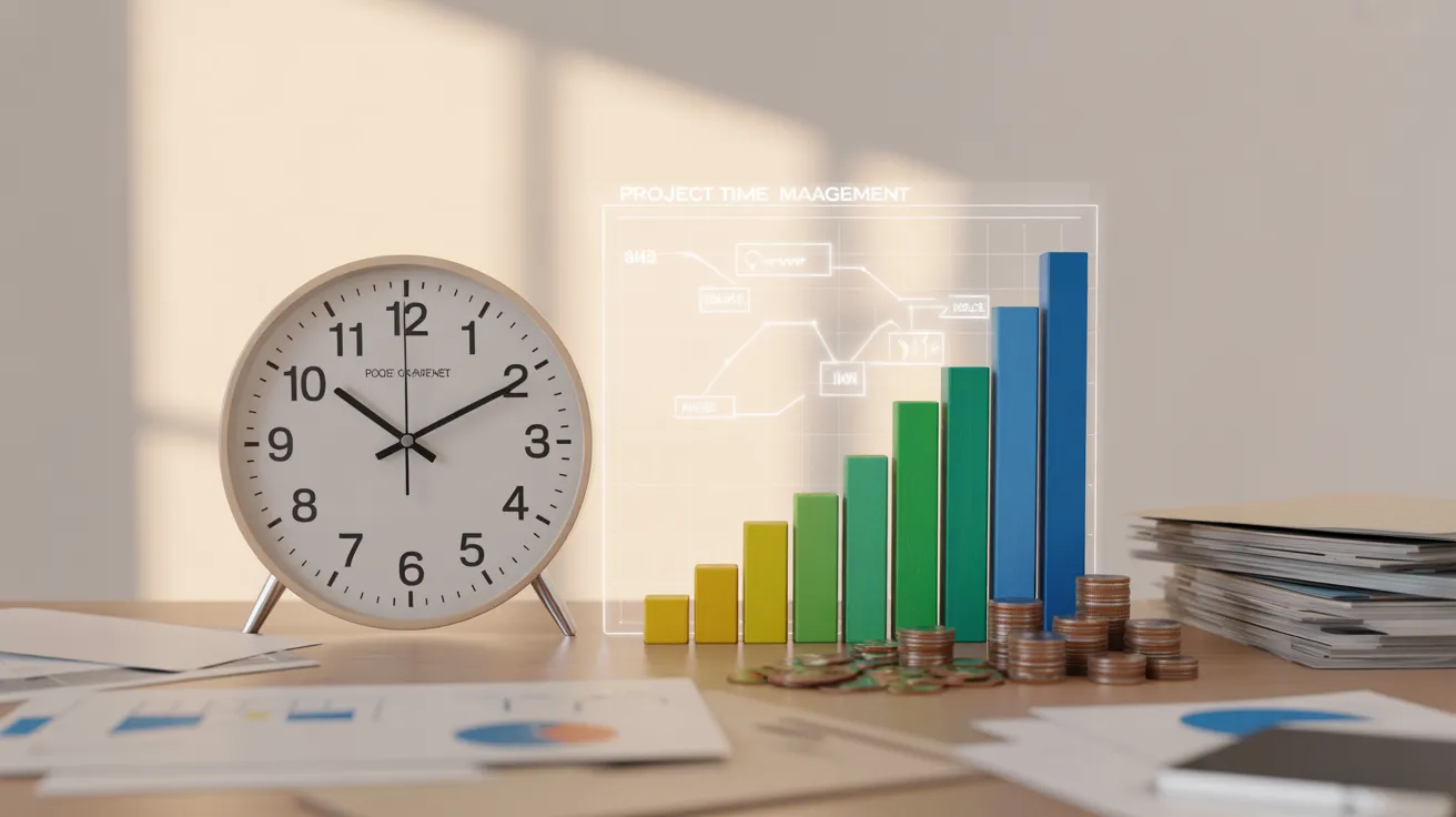 Clock, bar chart, coins, and documents on a desk representing project time management