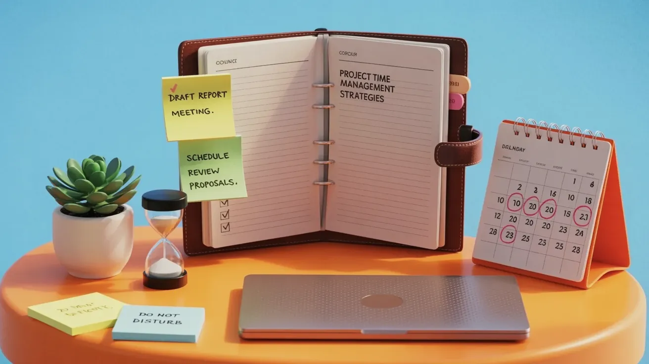 Open planner, calendar, laptop, and sticky notes arranged neatly on an orange desk