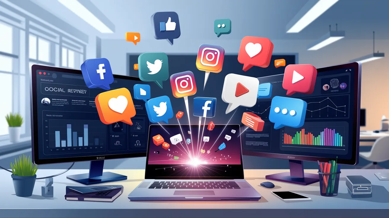 A high-tech desk with screens displaying social media analytics, with icons floating out dynamically.