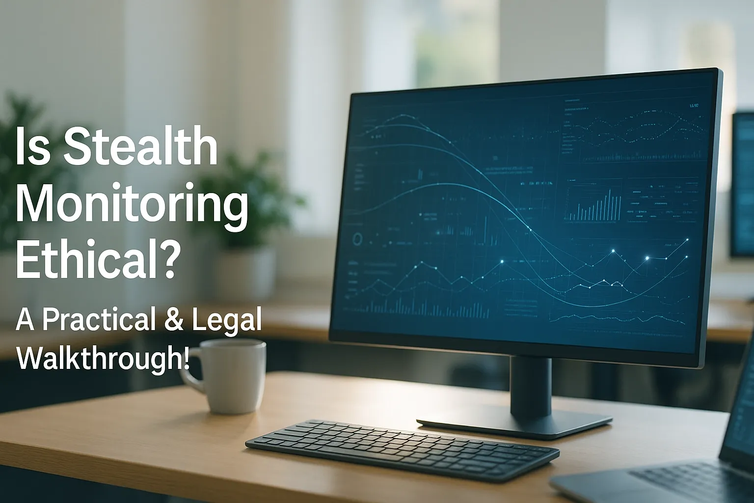 Modern office desk with monitors showing data charts symbolizing ethical IT monitoring.