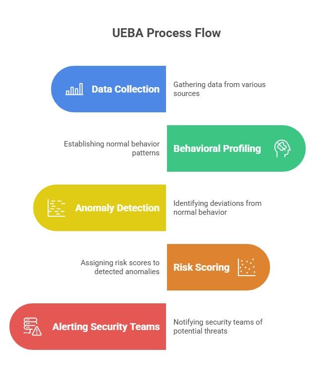 UEBA process flow, showcasing sequential steps and connections between stages