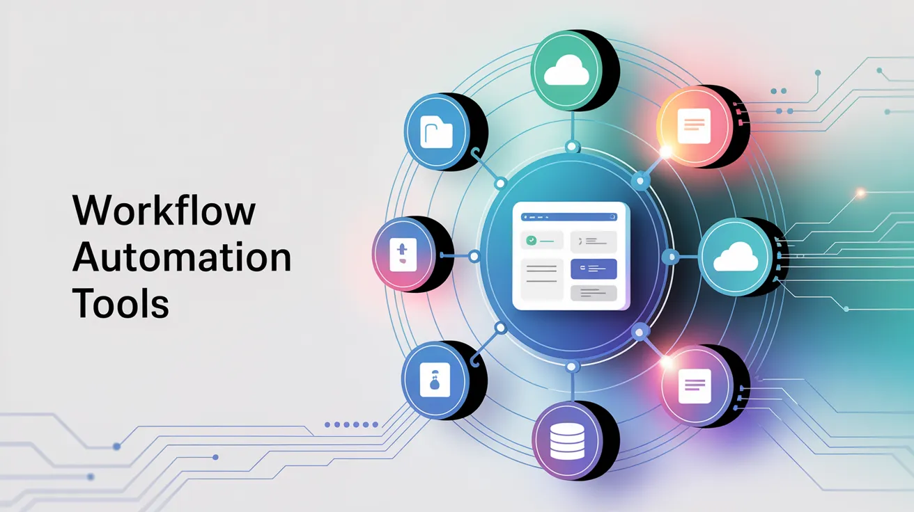 Digital workflow automation with interconnected apps and data flow icons.