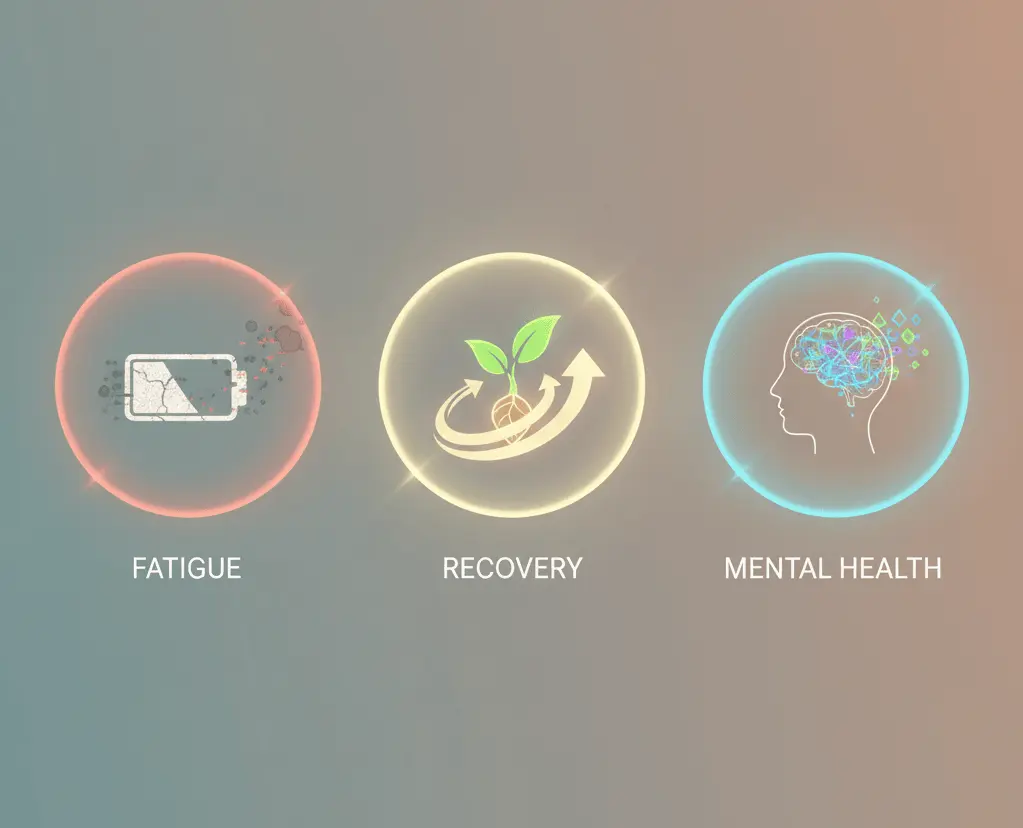  3 icons showing fatigue, recovery, and mental health