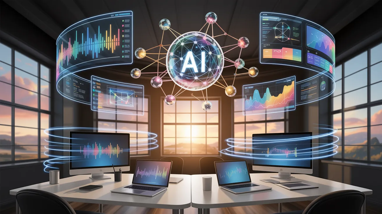 AI-powered workspace with holographic data charts and glowing digital screens.