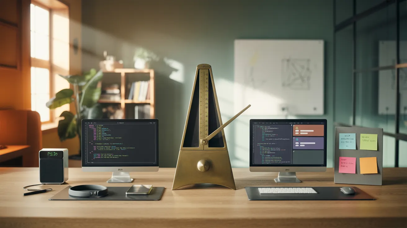 Metronome on desk between coding and collaboration tools, showing hybrid work balance.