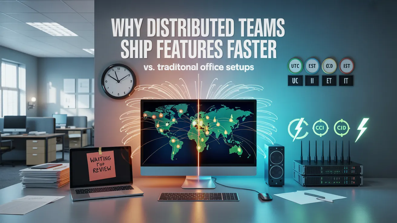 A desktop and laptop showing distributed teams deliver faster work