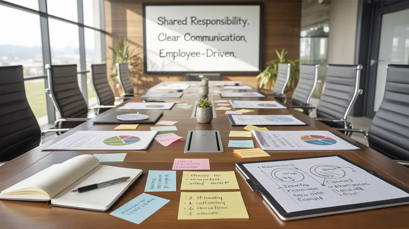 Conference room with documents, laptops, and a whiteboard symbolizing employee-created policies.