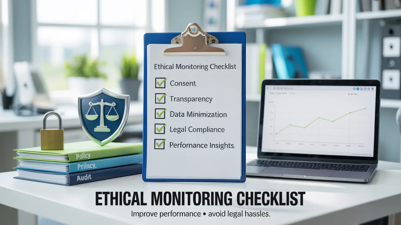 Clipboard checklist with laptop, law icon, padlock, and policy binders on desk