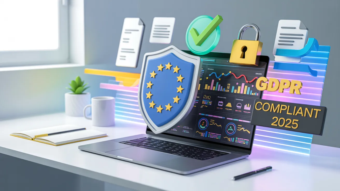 A laptop with GDPR compliance visuals, including data charts and security icons