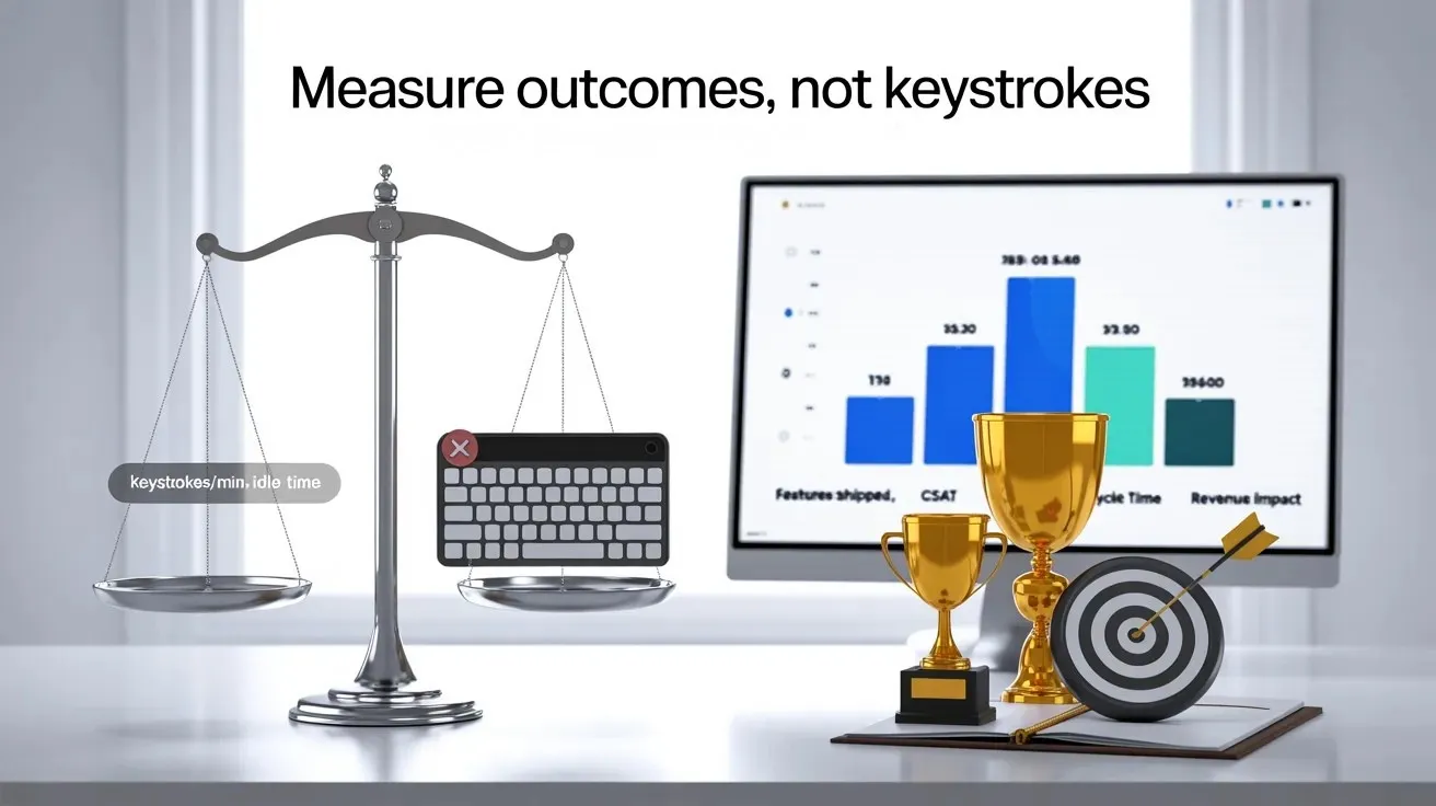 Scales weigh keyboard vs results, with trophies and charts in the background
