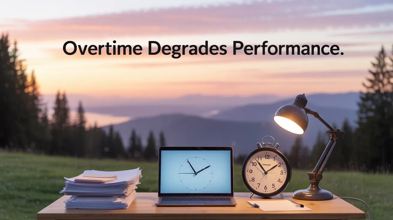  Peaceful landscape with a subtle work setup symbolizing the impact of overtime on performance.