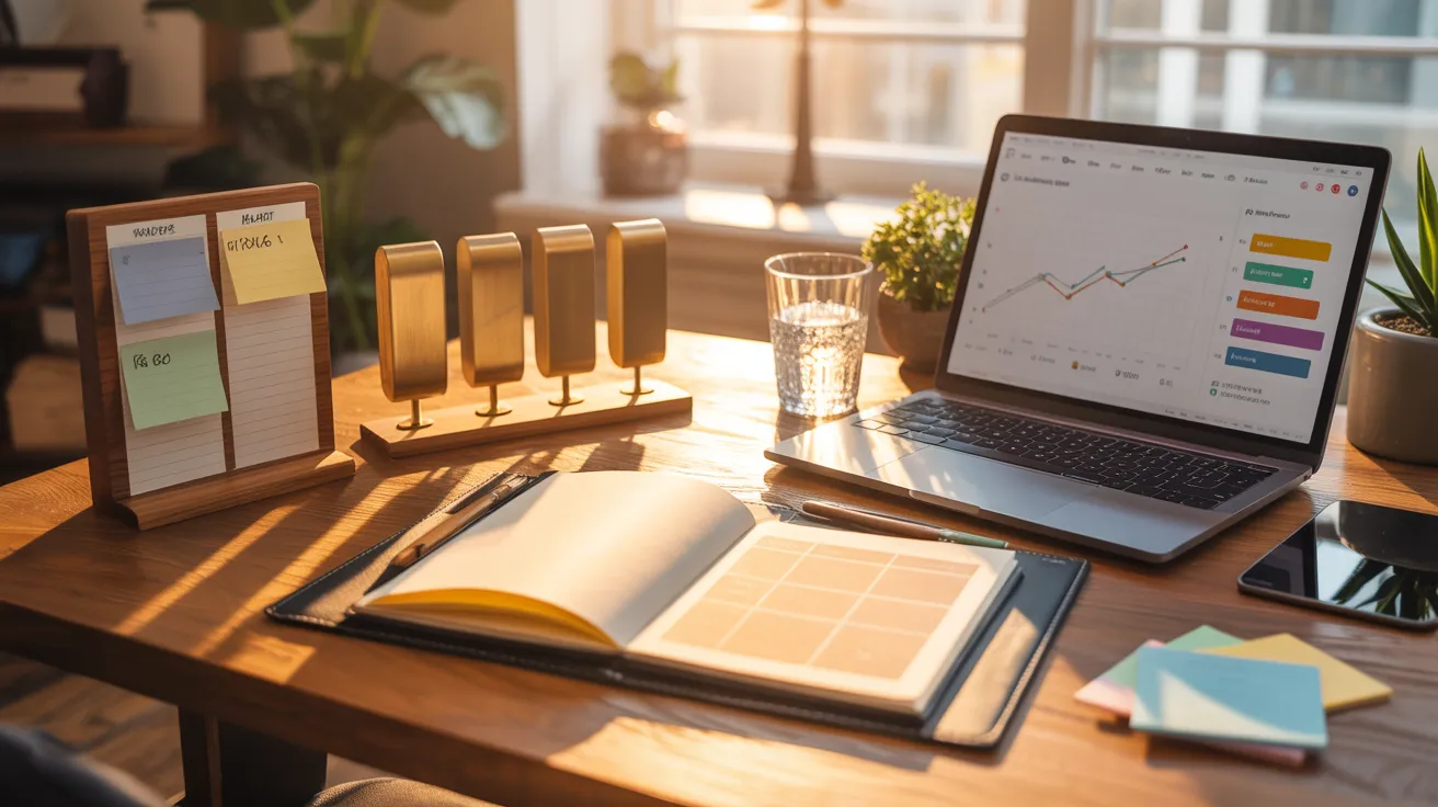 Office desk with productivity tracking charts, a habit tracker, and a plant.