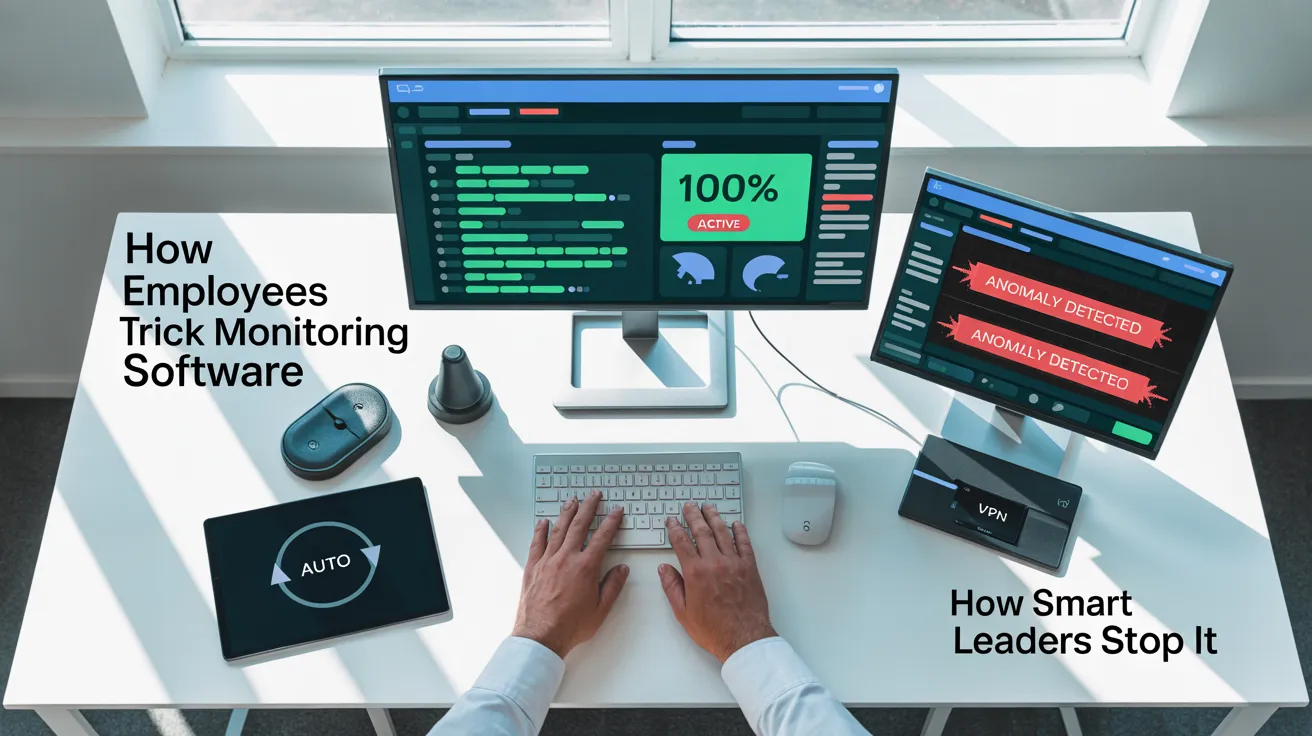 Office desk with screens showing monitoring software and anomaly alerts.