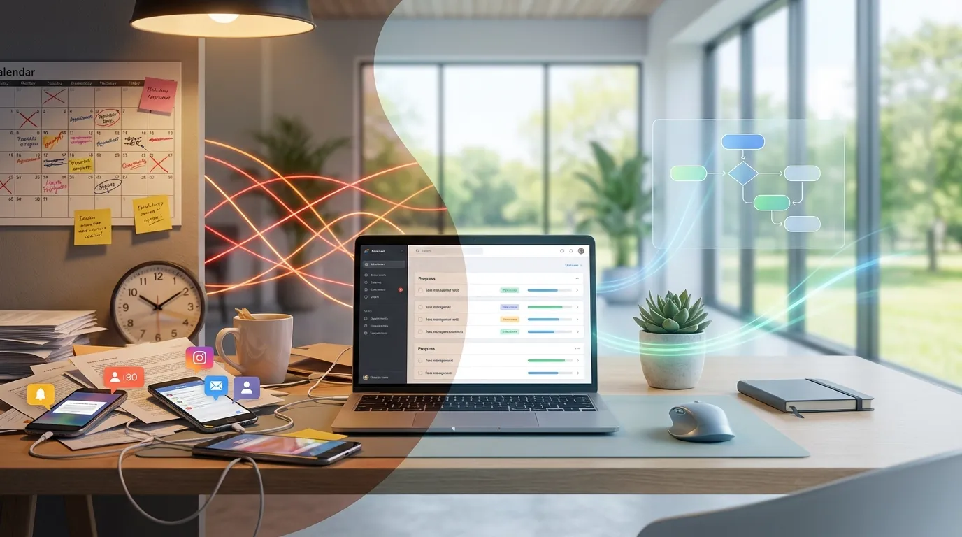 Chaotic workspace vs a focused, organized office symbolizing productivity vs busyness.