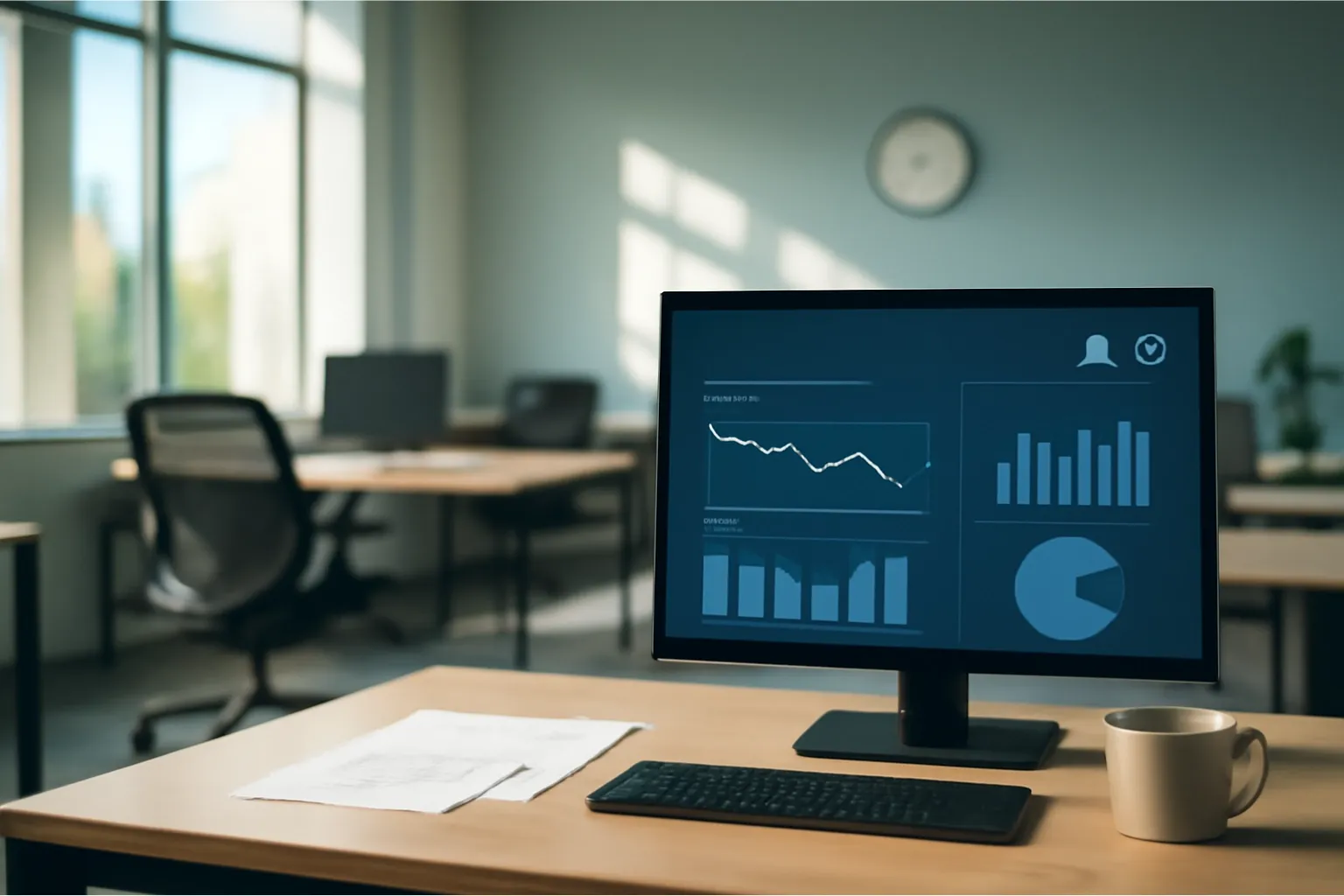 An office with an engagement dashboard on a monitor, empty desks, and natural light.