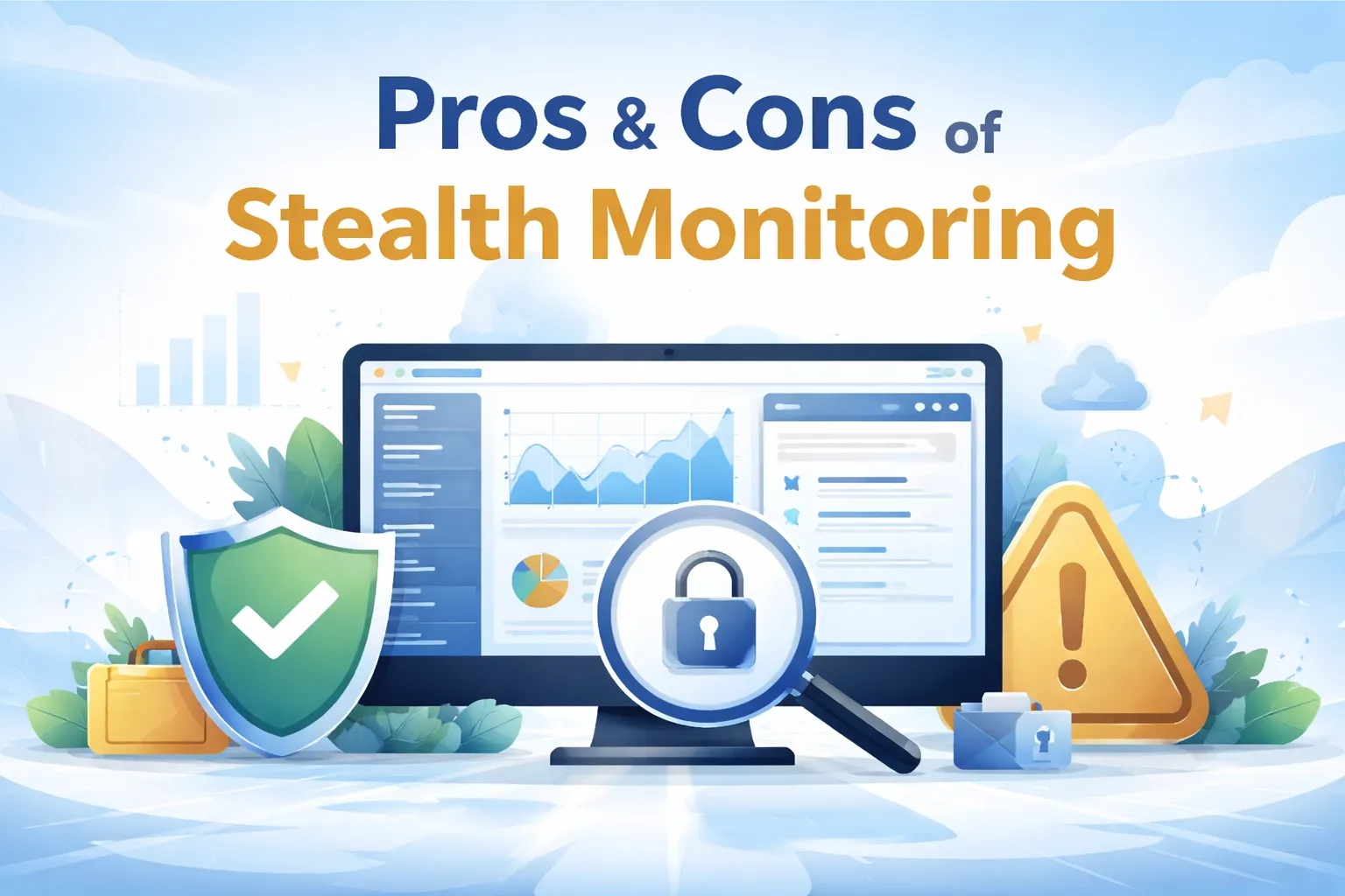 A dashboard with charts, lock, shield, and warning icons on stealth monitoring.