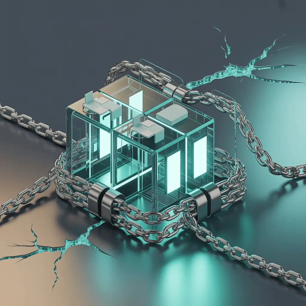 3D-rendered abstract office wrapped in metallic chains