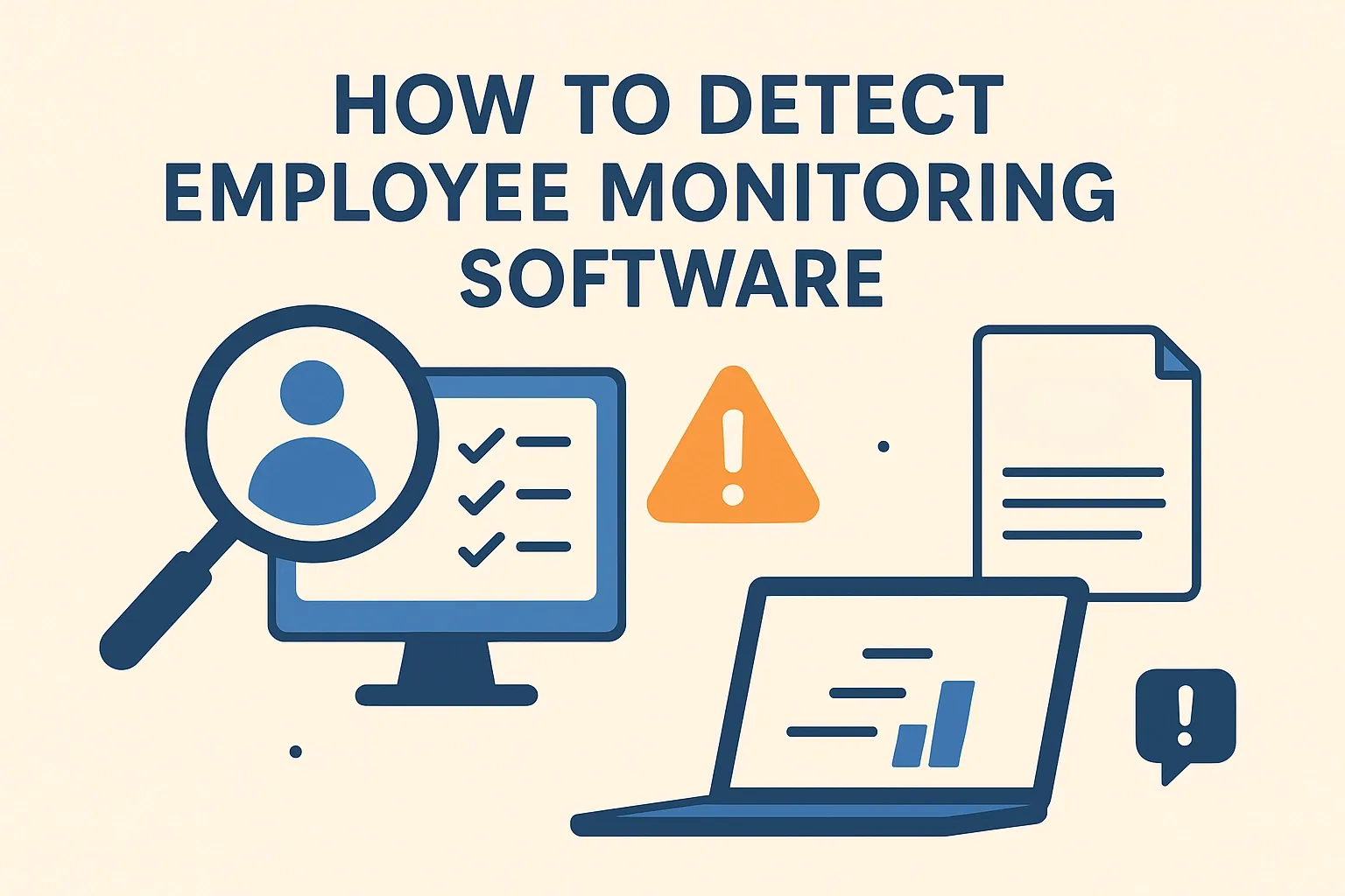 'How to Detect Employee Monitoring Software' with computer, laptop, and warning icons.