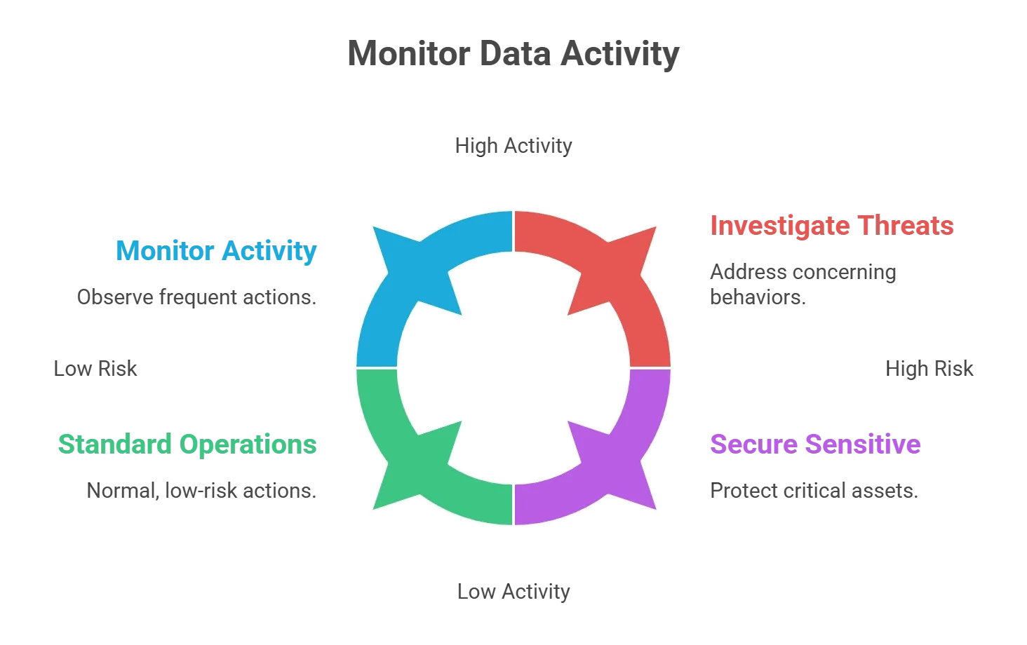Cycle diagram of data activity: monitor, investigate threats, secure sensitive, standard ops.