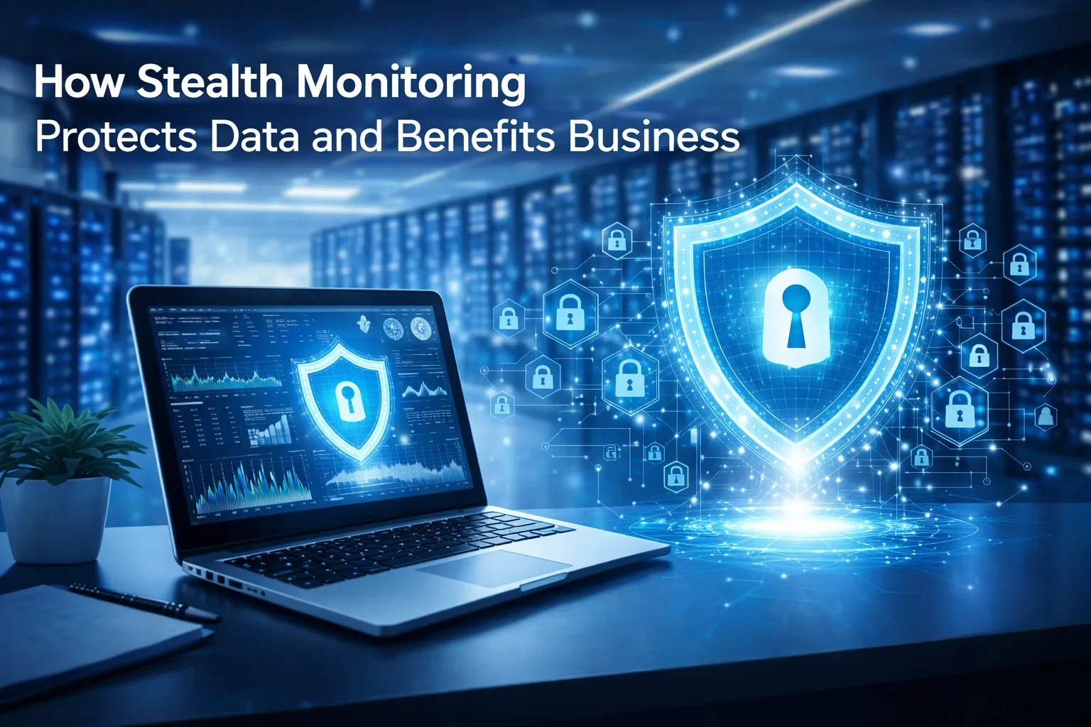 Data center with lock-and-shield hologram over a laptop, symbolizing stealth monitoring.