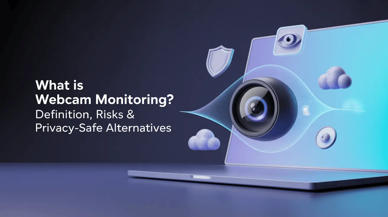 Laptop screen with cloud icons and a large floating camera indicating webcam monitoring