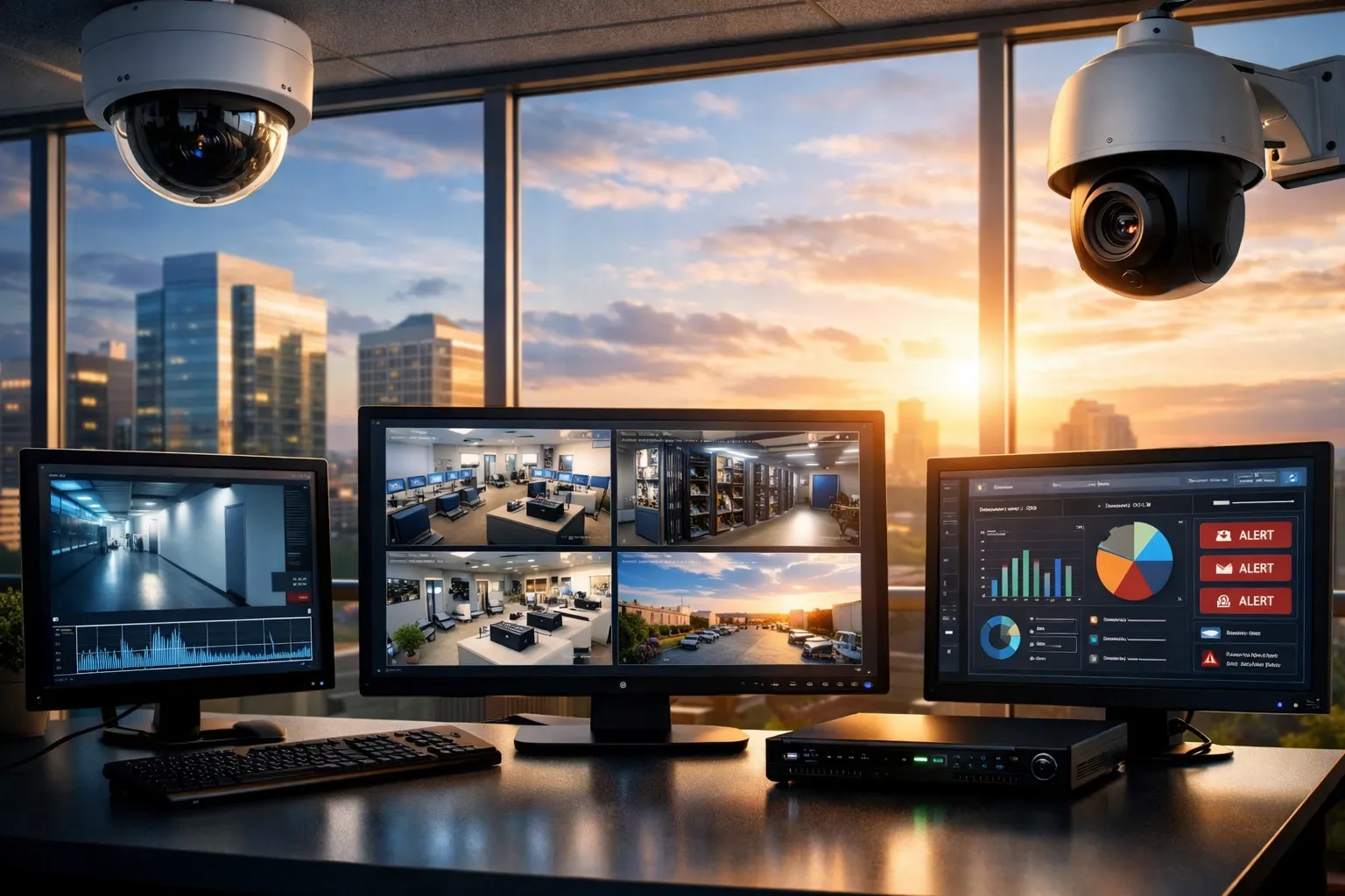 Office desk with security cameras and monitoring screens overlooking a sunny city skyline.