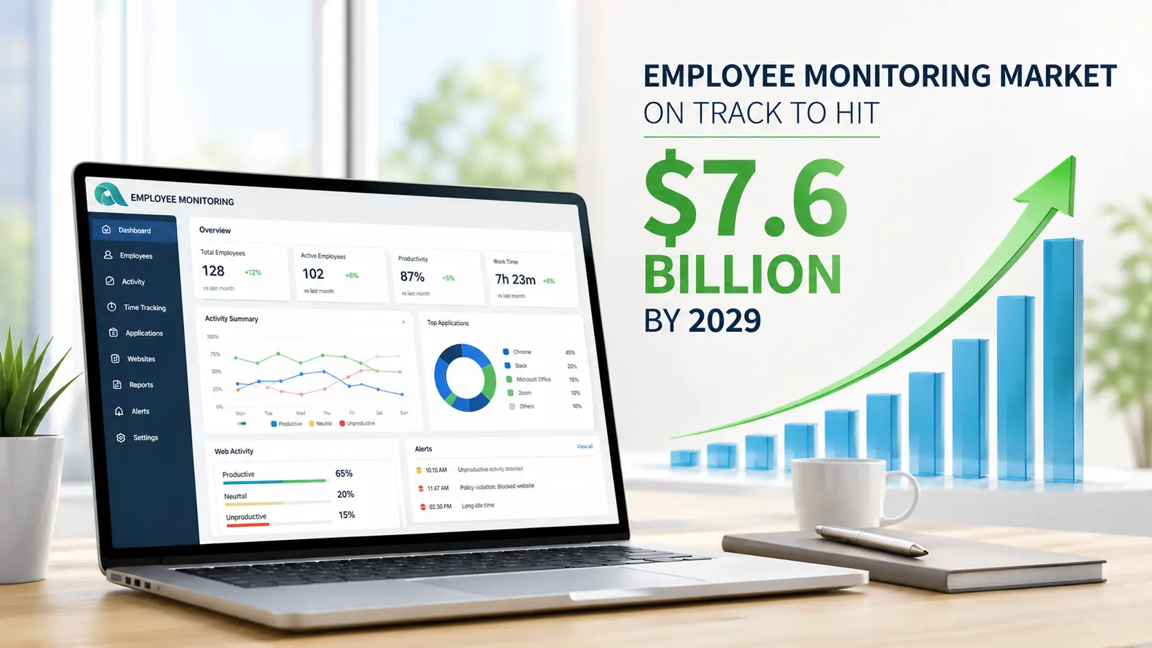 Office with laptop dashboard and chart showing employee monitoring market growth to $7.6B by 2029.