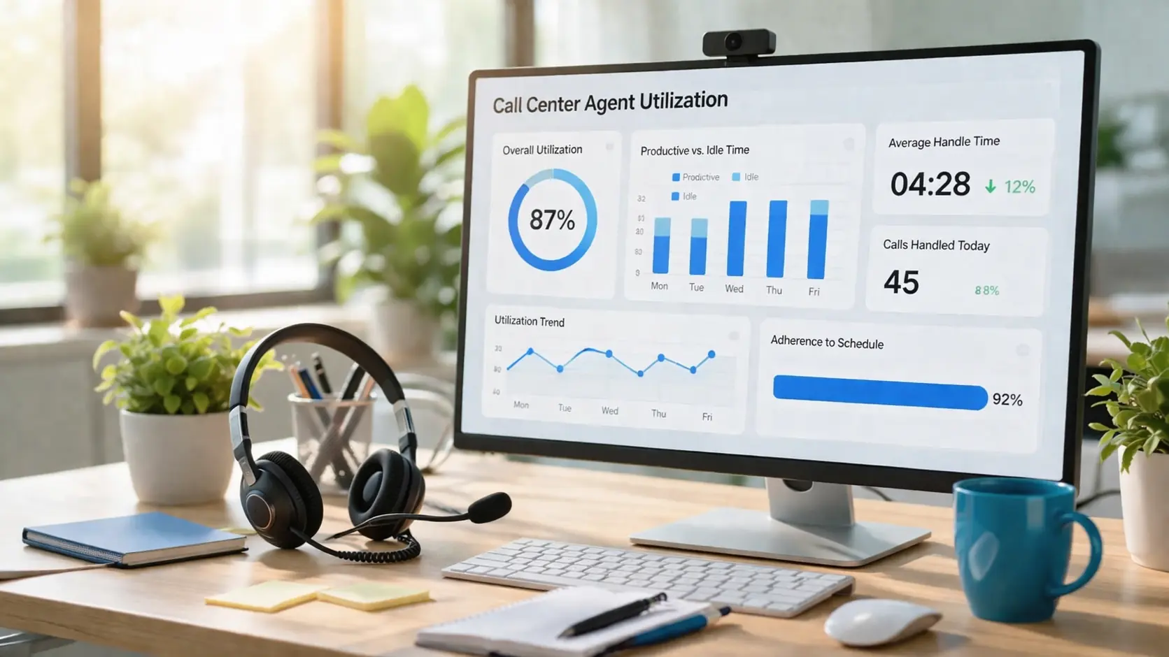 A dashboard showing call center agent utilization metrics on a computer.