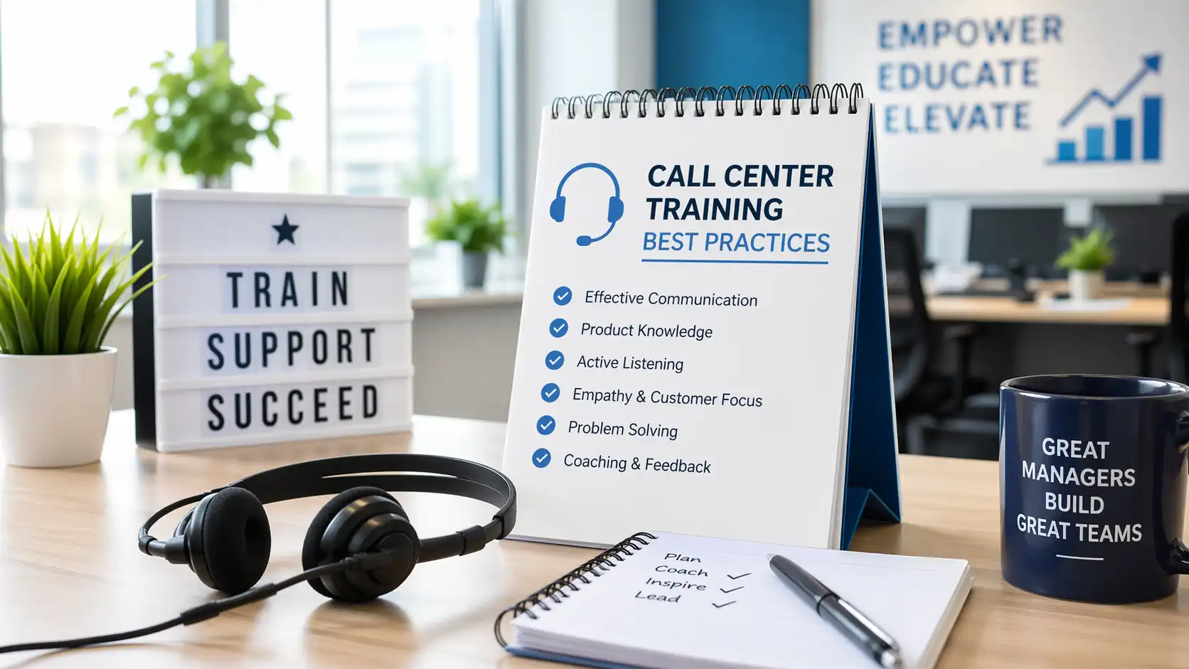 Call center desk with headset, training checklist, and notes on best practices for managers.