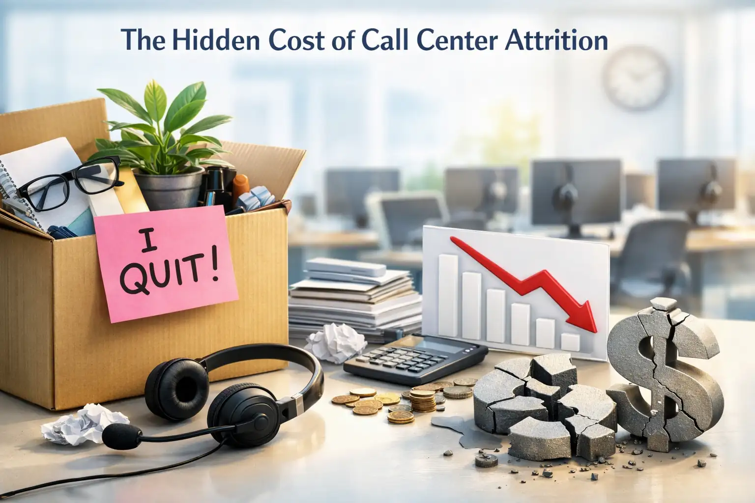 Empty call center desks and declining cost chart symbolize hidden call center attrition costs.